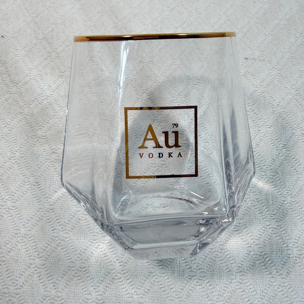 Au Vodka Rocks Glass Clear Gold Geometric Base Faceted Barware Rock Whiskey EUC